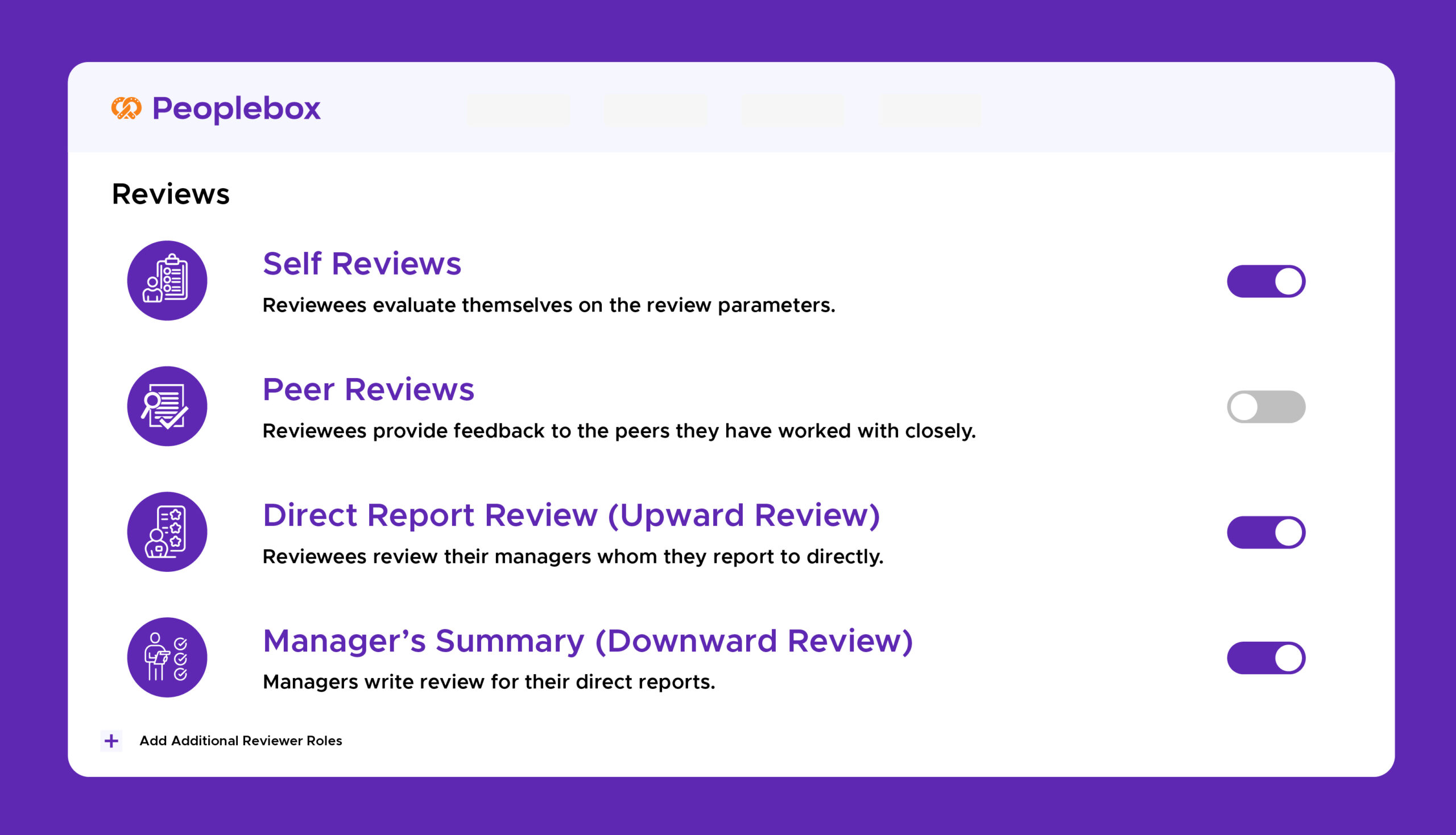 Different types of reviews available on Peoplebox for performance review