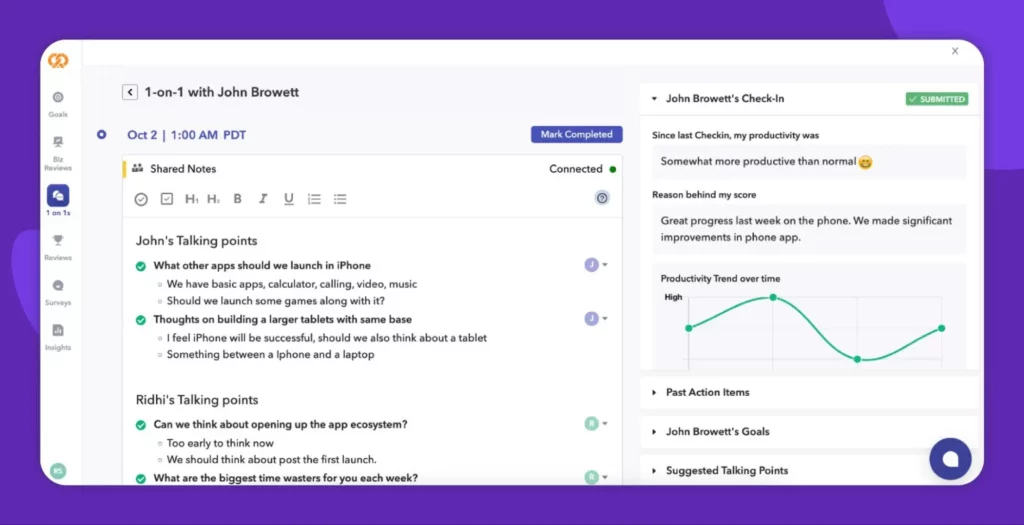 1 on 1 meeting feature of Peoplebox performance management software