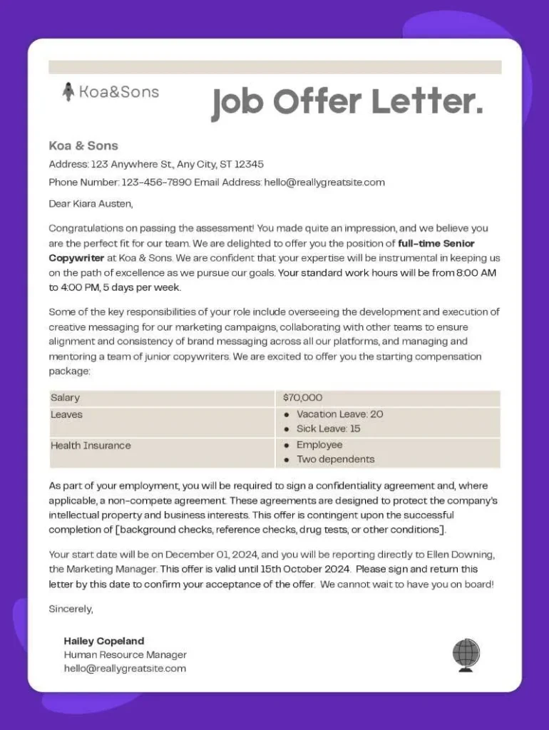 Job offer letter sample