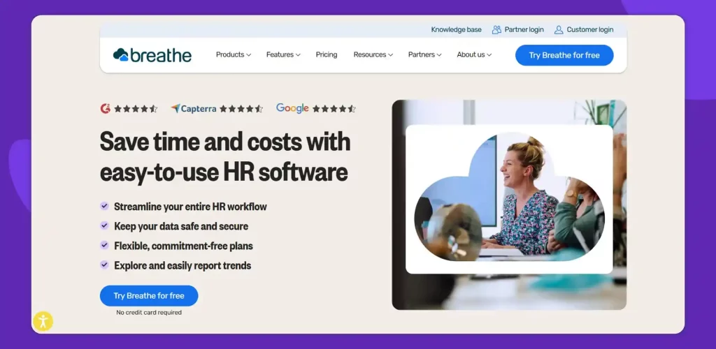 Breathe HR offers straightforward people management with intuitive tools for leave tracking, expenses, and team communication