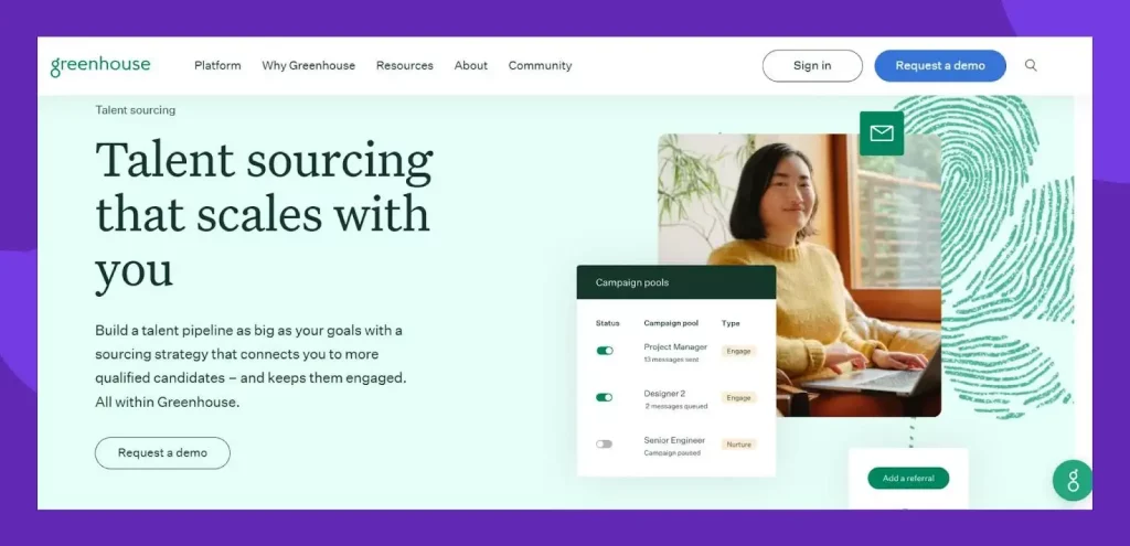 Greenhouse Talent sourcing solutions page