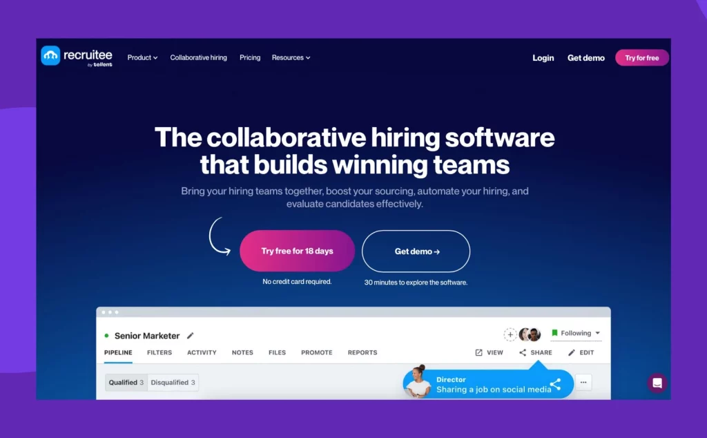 Recruitee lets you align international hiring teams with its multilingual capabilities and collaborative evaluation tools