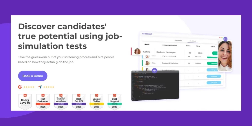 Canditech offers job simulations and automated scoring to assess both technical and soft skills in candidates.