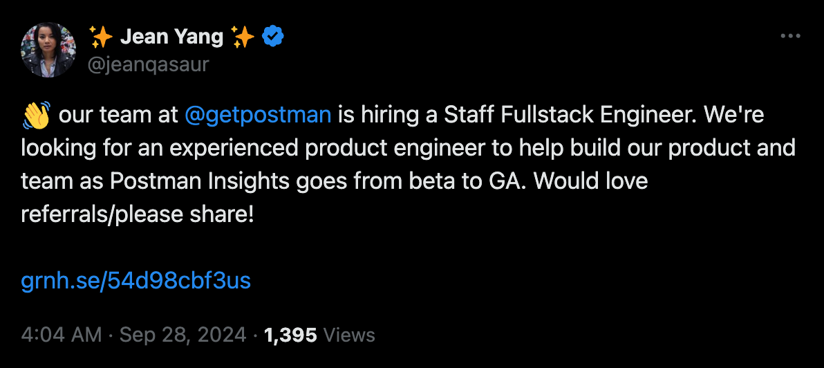 Screenshot of a hiring post from X, a social media platform