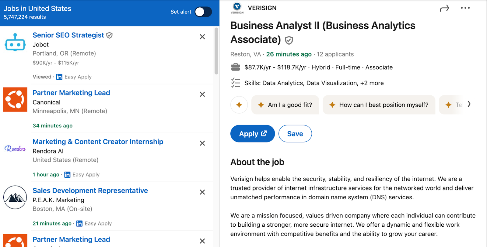 Screenshot of trending job posts on LinkedIn