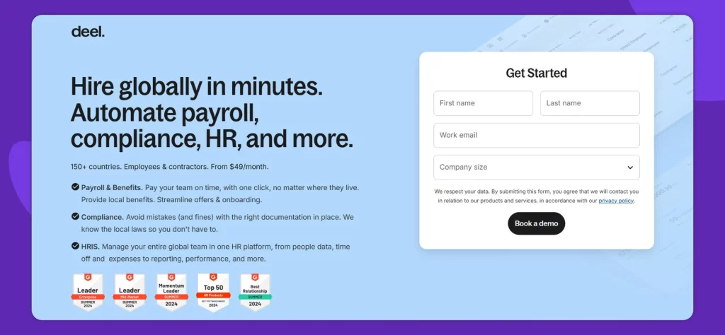 Deel simplifies global employment with automated compliance, international payments, and hiring capabilities across 150+ countries