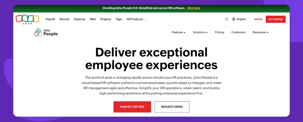 Zoho People streamlines HR processes with case management, employee self-service, and seamless integration within the Zoho ecosystem