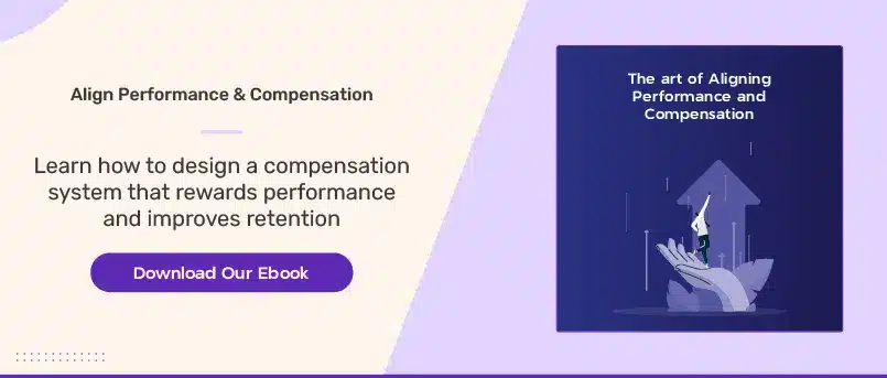 The art of aligning Performance and Compensation Promotional banner for an ebook titled 'The art of Aligning Performance and Compensation' with a visual of a person standing on a hand pointing upward, symbolizing growth. Includes a CTA button labeled 'Download Our Ebook'.