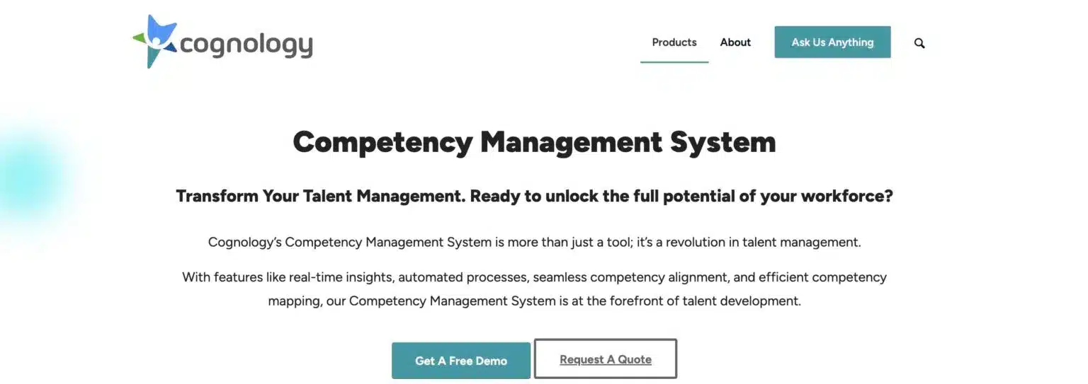 Cognology Competency Management System website with the headline "Competency Management System" and the tagline "Transform Your Talent Management. Ready to unlock the full potential of your workforce?". Buttons below invite users to "Get A Free Demo" and "Request A Quote." The Cognology logo is visible in the upper left.