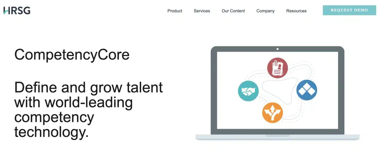 HRSG CompetencyCore webpage with the headline "CompetencyCore" and the tagline "Define and grow talent with world-leading competency technology." An illustration on the right shows a laptop displaying a circular diagram with four icons representing different aspects of competency management. Navigation links for "Product," "Services," "Our Content," "Company," and "Resources" are at the top, along with a "REQUEST DEMO" button. The HRSG logo is in the upper left.
