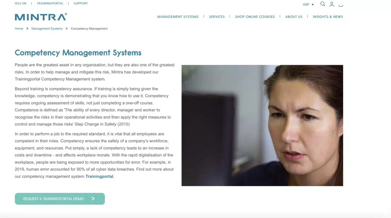 Mintra Competency Management Systems webpage with introductory text explaining the importance of competency management for risk mitigation. On the right, a close-up photo shows a person with fair skin looking intently at something out of frame. Mintra's logo is in the upper left, and navigation links for management systems, services, online courses, about us, and insights & news are at the top right.