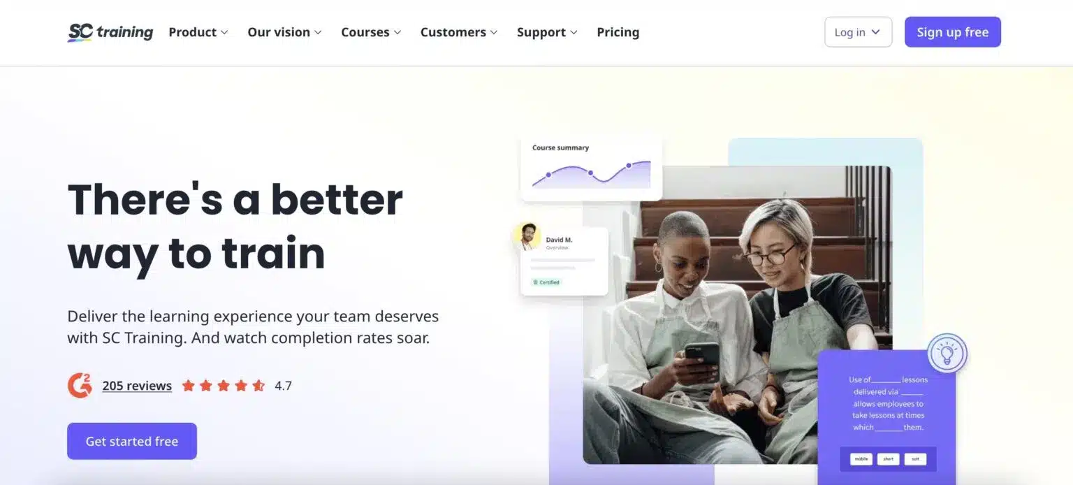 SC Training website with the headline "There's a better way to train" and a description of their learning platform. On the right, two individuals, appearing to be women, are looking at a mobile phone. The website also displays a 4.7-star rating based on 205 reviews and a "Get started free" button. Navigation includes "Product," "Our vision," "Courses," "Customers," "Support," and "Pricing," along with "Log in" and "Sign up free" buttons.