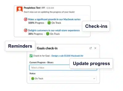 Peoplebox.ai, you can set OKRs, track progress, give feedback in real-time and also conduct performance reviews directly from Slack.