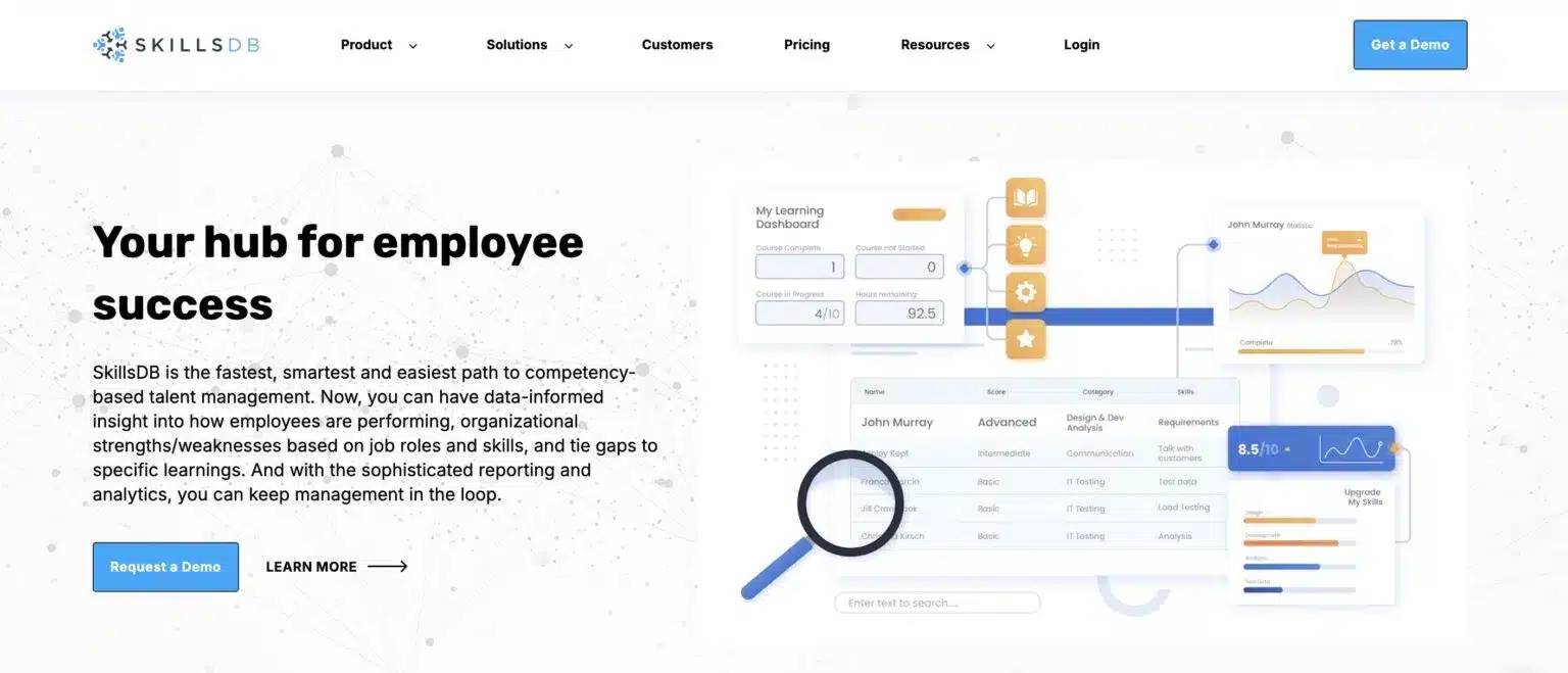 SkillsDB website with the headline "Your hub for employee success" and a description emphasizing its competency-based talent management features. Visual elements on the right depict dashboards and data analysis tools, including a magnifying glass over a skills matrix. Navigation links for "Product," "Solutions," "Customers," "Pricing," and "Resources" are at the top, along with "Login" and "Get a Demo" buttons. The SkillsDB logo is in the upper left.