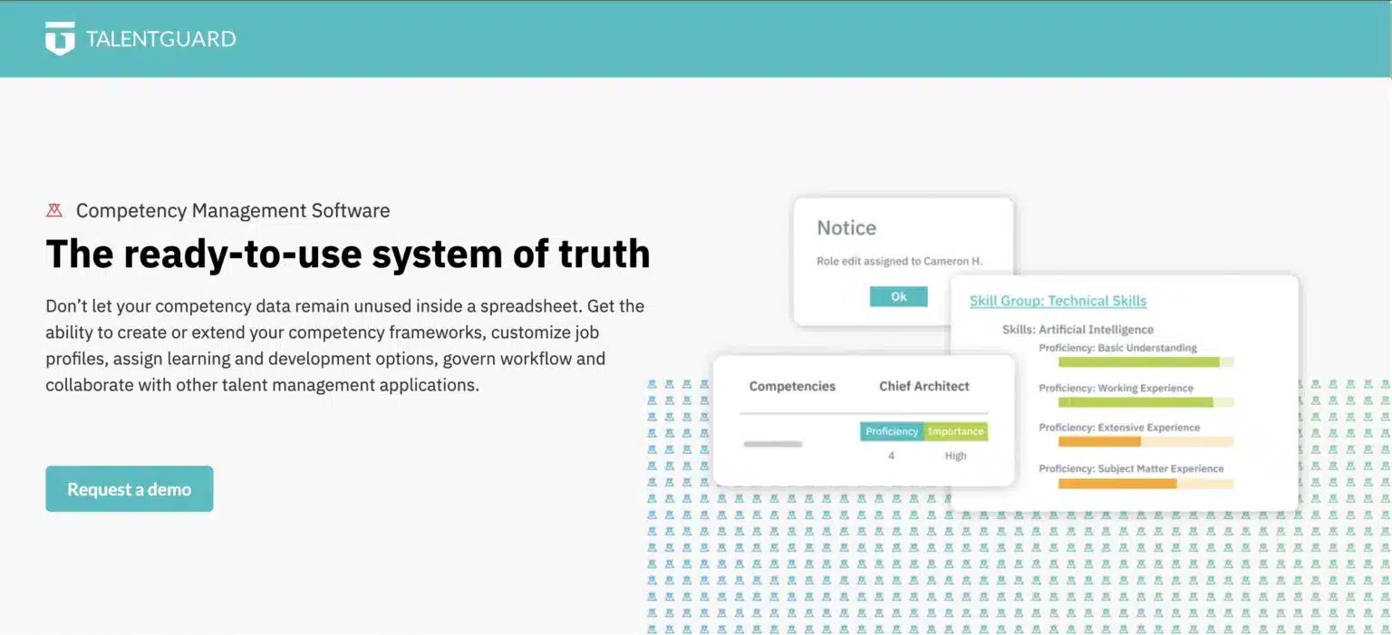 TalentGuard website showcasing their competency management software with the tagline "The ready-to-use system of truth."
