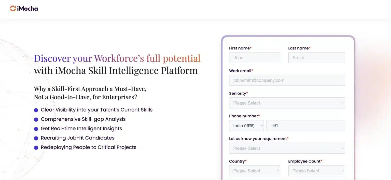 iMocha Skill Intelligence Platform website with the headline "Discover your Workforce's full potential with iMocha Skill Intelligence Platform" and a list of benefits. On the right, a lead capture form asks for "First name," "Last name," "Work email," "Seniority," "Phone number" (with India's country code pre-selected), "Let us know your requirement," "Country," and "Employee Count."