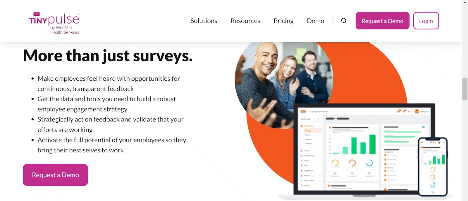 Screenshot of the TINYpulse administrative dashboard displaying key employee engagement metrics, showing trends from frequent pulse surveys and a high-level response rate graph.
