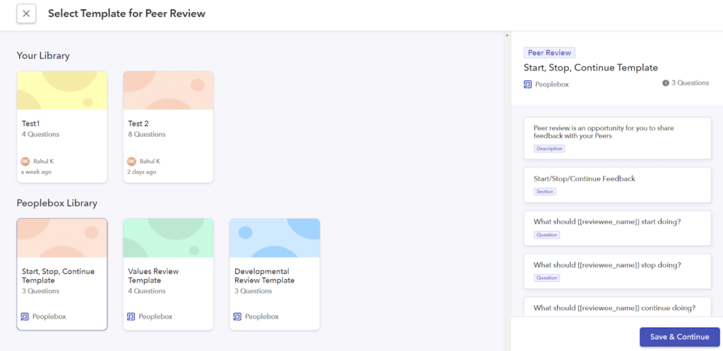 Select Template for peer Review : Your Library or peoplebox.ai Library.
