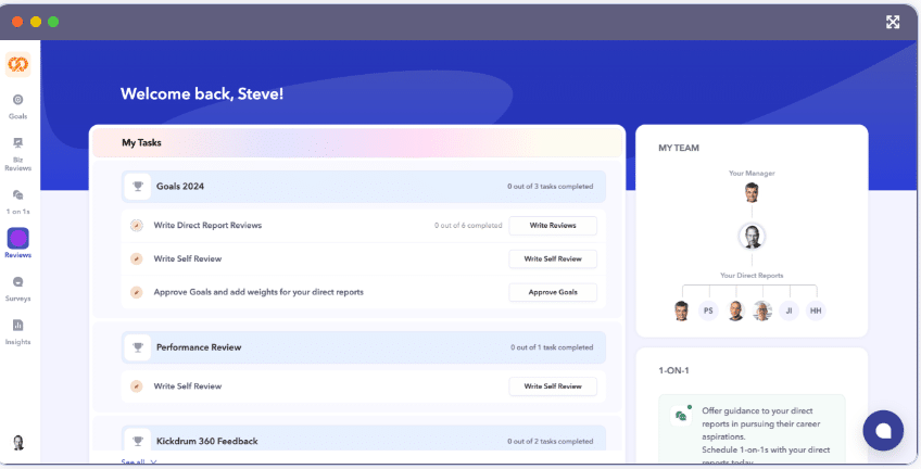 How to Write Performance Review Comments For Managers 1 Dashboard interface of a performance management software showing tasks like goal setting, self reviews, and direct report reviews, along with team hierarchy and 1-on-1 guidance section.